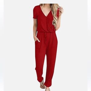 Women's Summer Casual Deep V Neck Short Sleeve Wrap Drawstring Waist Jumpsuits S
